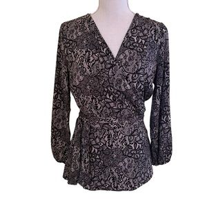 Gigi Parker Blush and Black Lace Print Wrap Blouse M